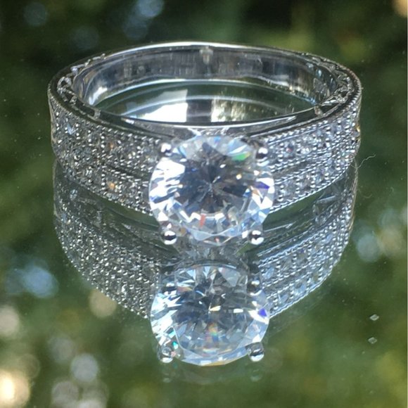 Sterling Silver Ring, Solitaire With Accents, Cubic Zirconia, Engagement, Size 9 - Picture 3 of 10